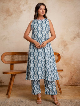 Anurang - Womens Pure Cotton Ikat Print Sleeveless Blue Co-Ord Set