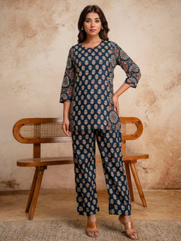 Anurang - Womens Pure Cotton Ajrakh Blue Co-Ord Set