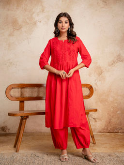 Anurang - Womens Pure Cotton Pintuck Red Kurta With Salwar
