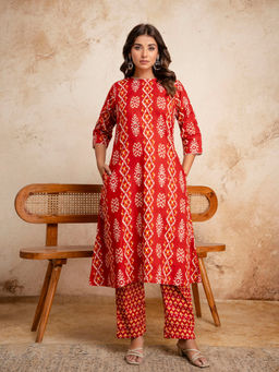 Anurang - Womens Pure Cotton Printed A-Line Orange Kurta With Pant