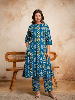 Anurang - Womens Pure Cotton Printed A-Line Blue Kurta With Pant