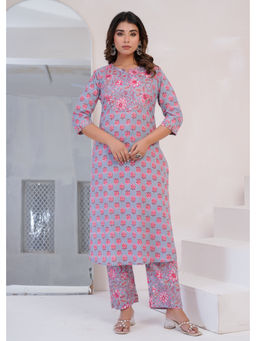 Anurang - Womens Pure Cotton Floral Print Grey Kurta With Pant