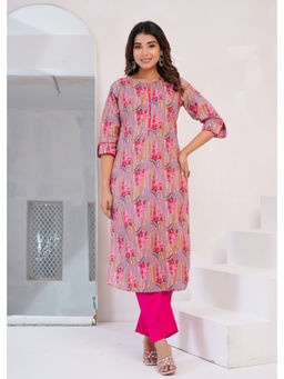 Anurang - Womens Pure Cotton Floral Print Lavender Kurta With Pant