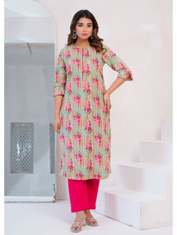 Anurang - Womens Pure Cotton Floral Print Green Kurta With Pant