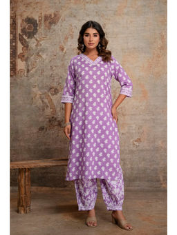 Anurang - Women Floral Printed Cotton Purple Kurta With Salwar