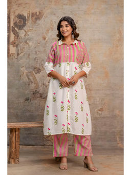 Anurang - Women Floral Printed Pure Cotton Striped A-Line Kurta With Pant
