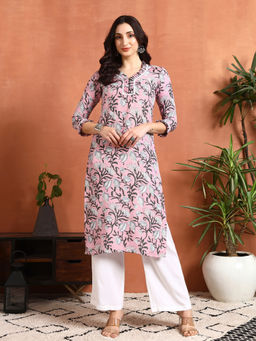 Meeranshi - Pink Floral Viscose Rayon Kurta With Pant
