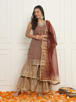 Meeranshi - Brown Ethnic Motifs Viscose Rayon Kurta With Sharara & Dupatta