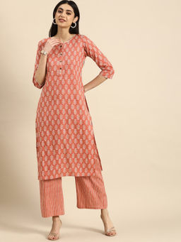 Meera Fab - Women Printed Straight Pure Cotton Peach Kurta With Pant