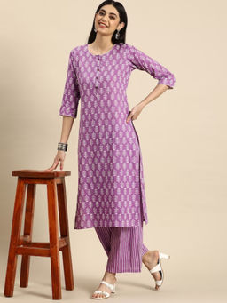 Meera Fab - Women Printed Straight Pure Cotton Purple Kurta With Pant