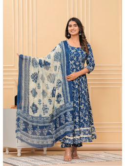 Meera Fab - Women Ethnic Motifs Pure Cotton Blue Anarkali Kurta With Pant & Dupatta