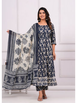 Meera Fab - Women Ethnic Motifs Pure Cotton Grey Anarkali Kurta With Pant & Dupatta