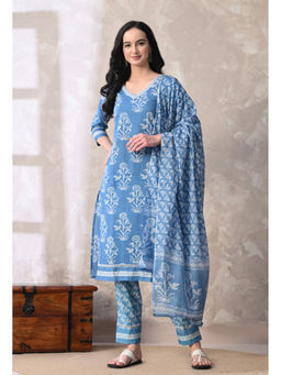 Meera Fab - Floral Printed V-Neck Pure Cotton Blue Kurta With Pant & Dupatta