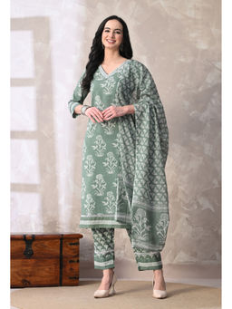 Meera Fab - Floral Printed V-Neck Pure Cotton Green Kurta With Pant & Dupatta