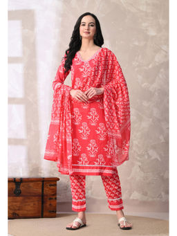 Meera Fab - Floral Printed V-Neck Pure Cotton Pink Kurta With Pant & Dupatta