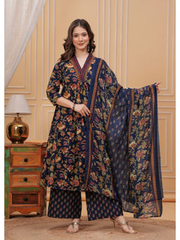Meera Fab - Women Floral Printed Cotton Navy Blue Anarkali Kurta With Pant & Dupatta