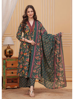 Meera Fab - Women Floral Printed Cotton Green Anarkali Kurta With Pant & Dupatta