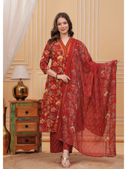 Meera Fab - Women Floral Printed Cotton Maroon Anarkali Kurta With Pant & Dupatta