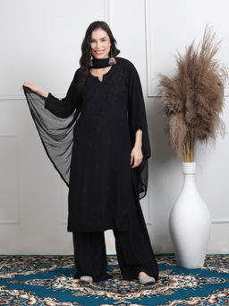 Khaka-The Chikankari Heritage - Lucknowi Handwork Chikankari Black Kurta With Palazzo & Dupatta