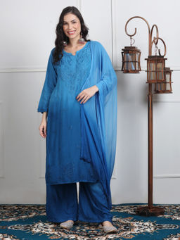 Khaka-The Chikankari Heritage - Lucknowi Handwork Chikankari Blue Kurta With Palazzo & Dupatta