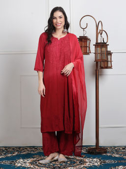 Khaka-The Chikankari Heritage - Lucknowi Handwork Chikankari Maroon Kurta With Palazzo & Dupatta