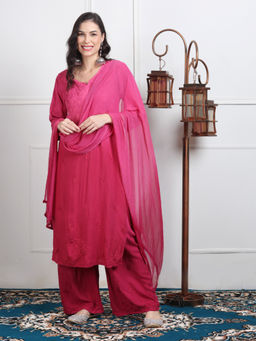 Khaka-The Chikankari Heritage - Lucknowi Handwork Chikankari Pink Kurta With Palazzo & Dupatta