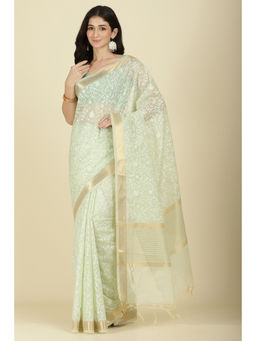 MEENA BAZAAR Since 1970 - Pista Green Kota Cotton Woven Saree With Unstitched Blouse