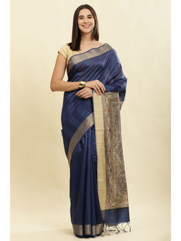 MEENA BAZAAR Since 1970 - Navy Blue Colour Cotton Silk Saree With Unstitched Blouse
