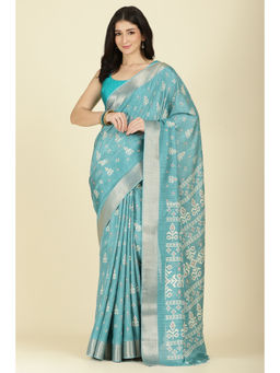 MEENA BAZAAR Since 1970 - Turquoise Cotton Silk Printed Saree With Unstitched Blouse