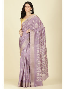 MEENA BAZAAR Since 1970 - Lavender Cotton Silk Printed Saree With Unstitched Blouse
