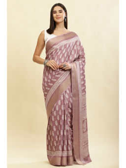 MEENA BAZAAR Since 1970 - Peach Printed Saree With Unstitched Blouse