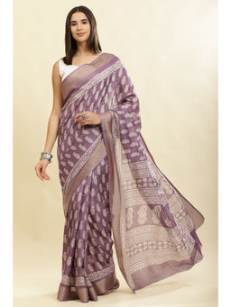 MEENA BAZAAR Since 1970 - Purple Printed Saree With Unstitched Blouse