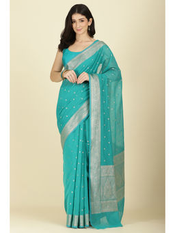 MEENA BAZAAR Since 1970 - Teal Zari Woven Cotton Silk Saree With Unstitched Blouse
