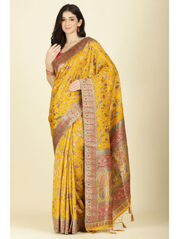 MEENA BAZAAR Since 1970 - Mustard Silk Madhubani Woven Saree With Unstitched Blouse