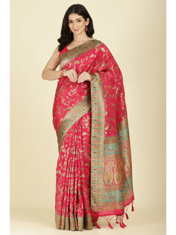 MEENA BAZAAR Since 1970 - Rani Silk Madhubani Woven Saree With Unstitched Blouse