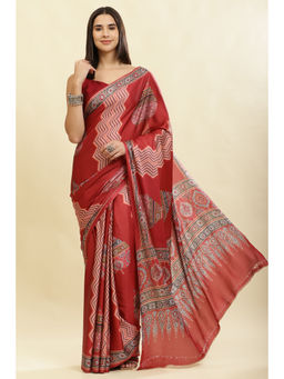 MEENA BAZAAR Since 1970 - Maroon Crepe Printed Saree With Unstitched Blouse