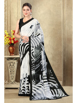 MEENA BAZAAR Since 1970 - Stripe Printed Crepe Silk Saree With Unstitched Blouse
