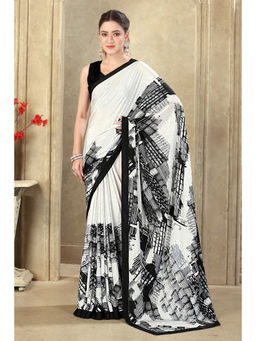 MEENA BAZAAR Since 1970 - White Printed Crepe Silk Saree With Unstitched Blouse
