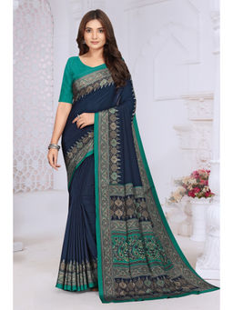 MEENA BAZAAR Since 1970 - Navy Blue Crepe Printed Saree With Unstitched Blouse