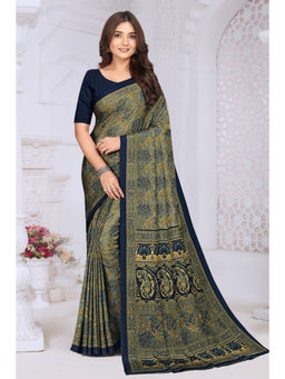 MEENA BAZAAR Since 1970 - Navy Blue Crepe Printed Saree With Unstitched Blouse