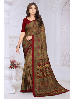 MEENA BAZAAR Since 1970 - Maroon Crepe Printed Saree With Unstitched Blouse