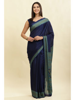 MEENA BAZAAR Since 1970 - Navy Blue Crepe Printed Saree With Unstitched Blouse