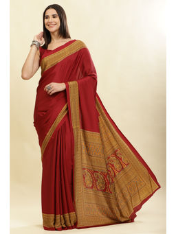 MEENA BAZAAR Since 1970 - Maroon Crepe Printed Saree With Unstitched Blouse