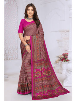 MEENA BAZAAR Since 1970 - Magenta Crepe Floral Printed Saree With Unstitched Blouse