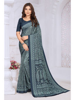 MEENA BAZAAR Since 1970 - Navy Blue Crepe Floral Printed Saree With Unstitched Blouse