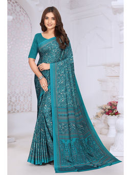 MEENA BAZAAR Since 1970 - Teal Blue Crepe Printed Saree With Unstitched Blouse