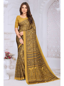 MEENA BAZAAR Since 1970 - Mustard Crepe Printed Saree With Unstitched Blouse