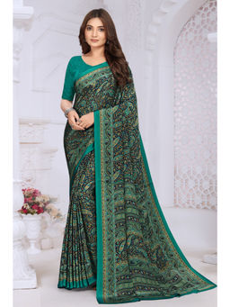 MEENA BAZAAR Since 1970 - Green Crepe Printed Saree With Unstitched Blouse