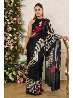 MEENA BAZAAR Since 1970 - Black Jacquard Silk Floral Saree With Unstitched Blouse