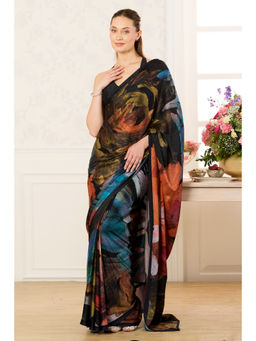 MEENA BAZAAR Since 1970 - Black Printed Jacquard Silk Saree With Unstitched Blouse